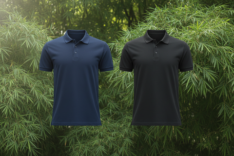 bamboo mens polo shirts side by side hovering navy and black level in height with bamboo leaf background