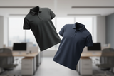 hovering image of mens black and a navy bamboo polo shirt with office background