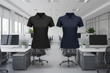 womens shaped bamboo polo shirts black and navy hovering side by side level with office background